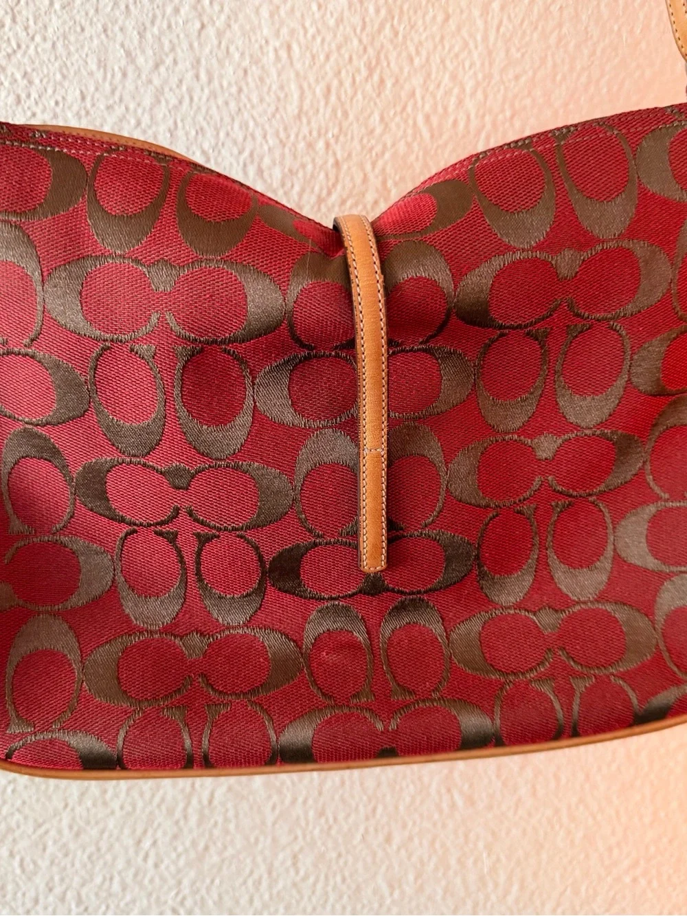 Coach Red Signature Canvas Shoulder Bag with Tan Trim